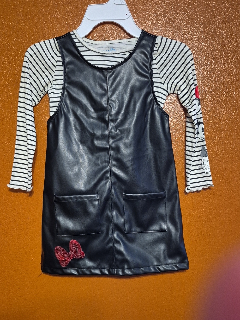 Disney Black Faux Leather Pinafore with Striped Tee